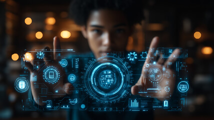 Poster - the future is now: a young woman, eyes focused, navigates a futuristic holographic interface, showca
