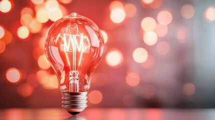 Poster - Bright red incandescent light bulb glowing against a blurred vibrant bokeh background