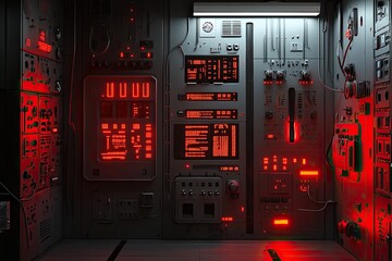 Poster - Futuristic Red-Lit Control Room with Complex Technological Interfaces