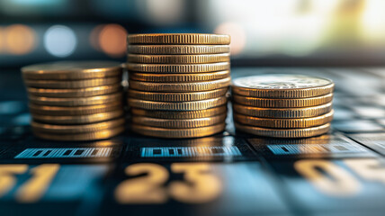 Poster - Financial Growth: Stacks of golden coins on a financial chart, symbolizing wealth, investment, and economic progress.