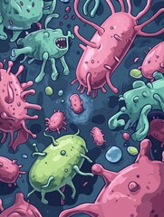 Leinwandbilder - Bacteria in cartoon style engage in battle with antibodies in colorful microbial world. Generative AI