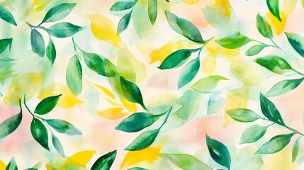 Wall Mural - Lush greenery and bright yellow leaves nature scene watercolor art vibrant environment aesthetic viewpoint botanical concept