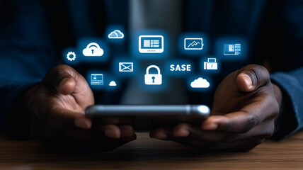 Poster - Secure Your Digital Future: A hand cradles a smartphone, showcasing an array of digital security icons, including cloud storage, a padlock, and secure access.