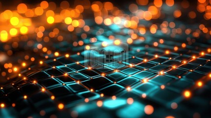 Fototapete - Glowing Futuristic Digital Network Backdrop with Luminous Bokeh Lights and Wireframe Pattern