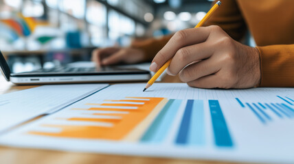 Poster - Analyzing Data: A close-up shot of hands meticulously reviewing financial charts and graphs, using a pencil to highlight key data points on a laptop.  The image suggests focus, precision.