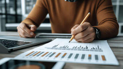 Poster - Analyzing Data: Closeup of hands meticulously reviewing financial charts with a pencil, revealing the meticulous focus and dedication of a business professional. The image evokes a sense of precision.