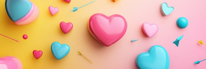 Leinwandbilder - Colorful 3D floating chat bubbles, hearts, and arrows on a vibrant gradient background for a cheerful atmosphere. Generative AI