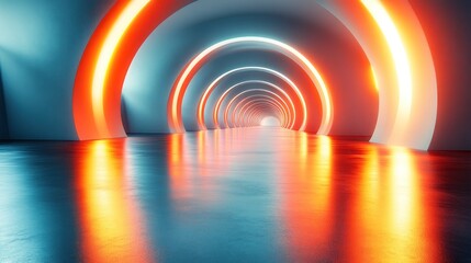 Wall Mural - Abstract glowing tunnel with orange and blue neon lights.