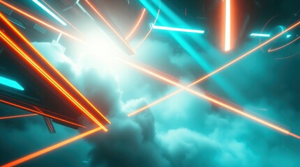 Leinwandbilder - Futuristic light beams intertwine with swirling clouds in a vibrant digital landscape