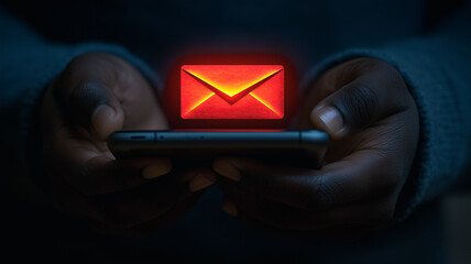 Poster - Red Envelope Notification: A close-up shot of hands holding a smartphone, with a glowing red envelope icon hovering above the screen, symbolizing an urgent message, notification, or alert.  