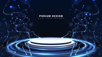 Small glowing particles on dark background with white podium and blue neon light effect surrounding, futuristic product promotion technology scene design concept.