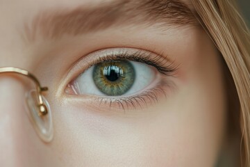 Aufkleber - Close up view of a female eye wearing vision correction glasses, showcasing natural beauty and clarity of vision. Generative AI