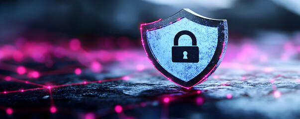 Wall Mural - Cyber security shield, digital network, data protection, glowing background, website banner