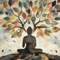 Wall Mural - bodhi tree with buddha, intricate leaves, sacred ambiance, watercolor style