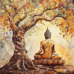 Wall Mural - bodhi tree with buddha, intricate leaves, sacred ambiance, watercolor style