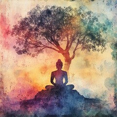 Wall Mural - conceptual buddha under bodhi tree, serene aura, spiritual ambiance, watercolor style