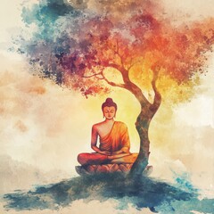 Wall Mural - conceptual buddha under bodhi tree, serene aura, spiritual ambiance, watercolor style