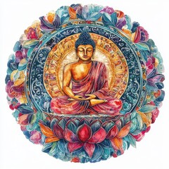 Wall Mural - sacred mandala with buddha, detailed and vibrant, spiritual harmony, watercolor style