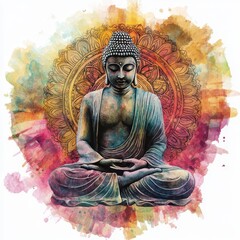 Wall Mural - serene zen buddha with mandala, vibrant yet balanced, sacred focus, watercolor style