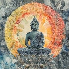 Wall Mural - siddhartha buddha avatar, radiant calmness, intricate patterns, watercolor style