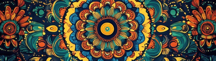 Wall Mural - spiritual mandala design with buddhism motifs, vibrant yet muted colors blending in a retro style