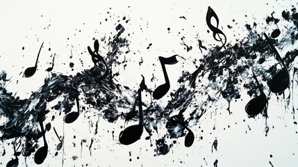 Wall Mural - Creative art with music notes splashing like paint, isolated on a white background, vibrant and expressive, representing music and art fusion