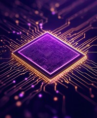 Poster - Luminous Purple Microchip on Gold Circuit Board, High-Tech Detail