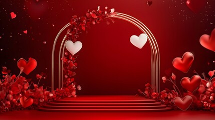 Poster - Minimalist red and pink heart shaped arch podium stand for product display or showcase on a dark background  Elegant 3D rendered digital for Valentine s Day or romantic events