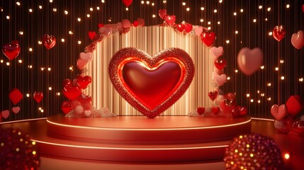Poster - Stunning 3D red heart shaped podium or stage platform with glowing lights and sparkling effects perfect for romantic product showcase Valentine s day promotion or luxury background