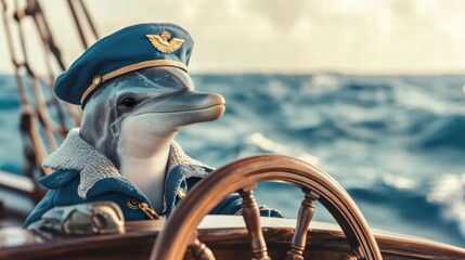 Aufkleber - Dolphin dressed as a ship captain navigates the ocean with determination and joy during a sunny day at sea. Generative AI