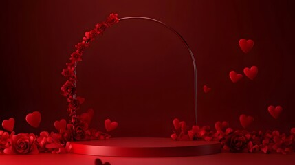 Poster - Minimal red arch shaped podium stand with hearts floating around it serving as a clean elegant backdrop for product display or showcase  The design is simple yet captivating