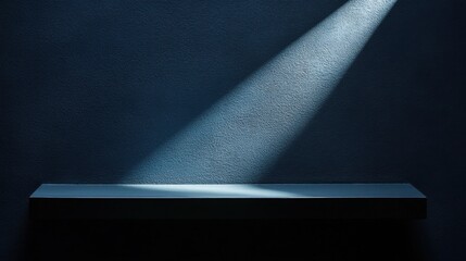 Poster - Minimalistic empty shelf with dramatic single light beam on dark blue wall