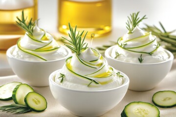 Poster - A clean, modern icon of tzatziki in a small dish, with a simple olive oil swirl, designed with soft gradients