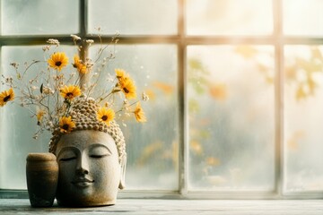 Poster - A close-up of a golden Buddha statue, with soft sunlight streaming through the windows of the ubosot, highlighting the statue peaceful expression