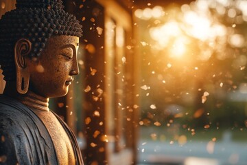 Poster - A close-up of a golden Buddha statue, with soft sunlight streaming through the windows of the ubosot, highlighting the statue peaceful expression