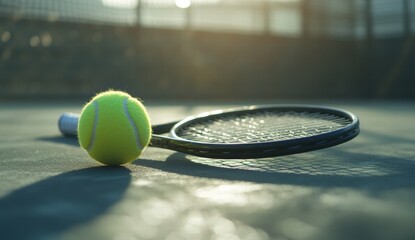 A tennis ball and racket are on a court