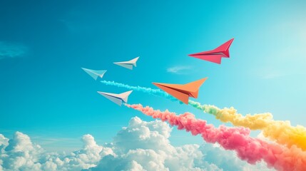 Poster - Colorful paper airplanes soar through blue sky artistic scene vibrant environment dynamic perspective imagination and flight