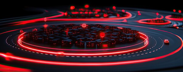Poster - Neon-lit cityscape encircled by glowing red roads and speeding vehicles.