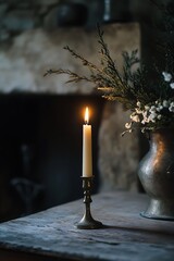 Poster - Lit candle on antique candlestick, flowers in pewter vase, rustic setting.