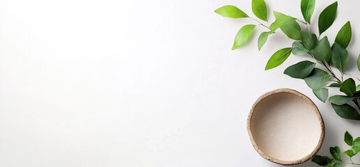 Poster - Minimalist Natural Arrangement with Bowl and Greenery on White Background