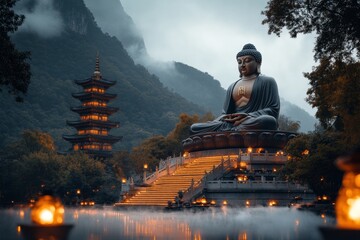 Poster - A fantastical ubosot floating above clouds, with glowing golden stairs leading to a radiant Buddha statue surrounded by ethereal light