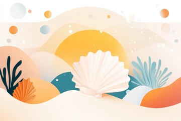 Aufkleber - A flat design of a single seashell on a sandy ocean floor, drawn with simple shapes and calming colors