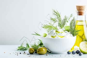 Aufkleber - A flat design of tzatziki with olive oil drizzle and a sprig of dill, surrounded by geometric shapes representing Mediterranean patterns