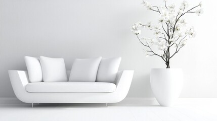 Wall Mural - Elegant and Minimalist Living Room with White Couch and Decorative Plant in Vase