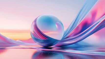 Poster - glowing spherical reflection in swirling liquid landscape