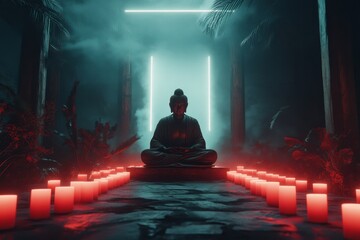 Aufkleber - A gothic-style ubosot surrounded by dark mist, with glowing red candles and a shadowy Buddha statue creating an eerie atmosphere