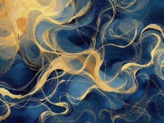 Poster - Abstract blue and gold swirling pattern with artistic fluid lines