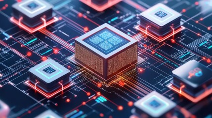 Poster - futuristic digital technology circuit design with illuminated microchips and geometric patterns