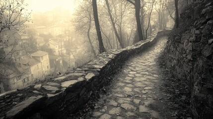 Poster - Foggy stone path view to village.