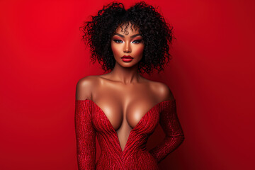 Beautiful sexy African American woman in deep neckline dress with creative makeup, hairstyle and big breasts, fashion model portrait on red background